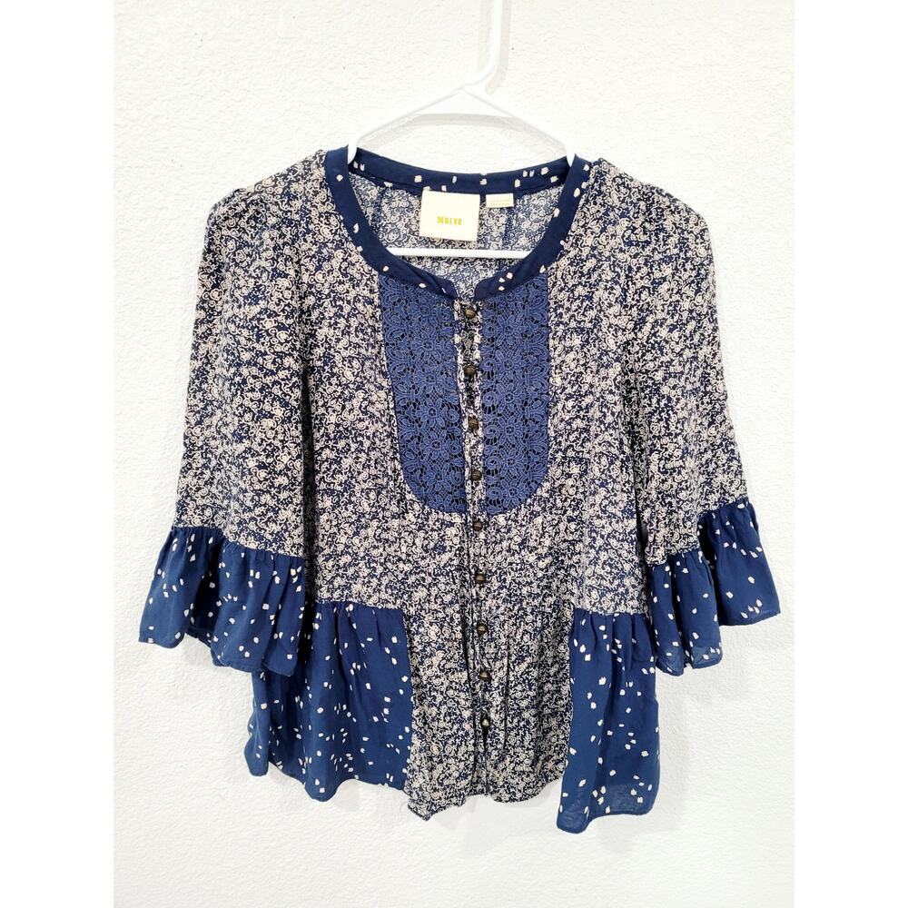 Anthropologie Maeve Women's Blue Hiver 3/4 Sleeve Boho Blouse 0 Top Shirt #13
